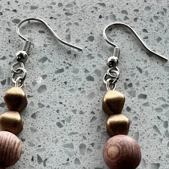Handmade Brown and Gold Dangling Earrings - Picture 4 of 5